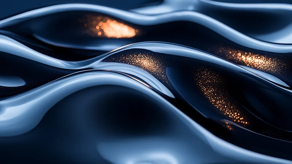 The image shows a close-up of a smooth, dark blue surface with a subtle wave-like texture. Scattered across the surface are small, shimmering specks of light, creating an abstract and ethereal effect. The interplay of light and shadow adds depth and dimension to the image, highlighting the curves and contours of the surface. The overall effect is one of elegance and sophistication, with a hint of mystery.