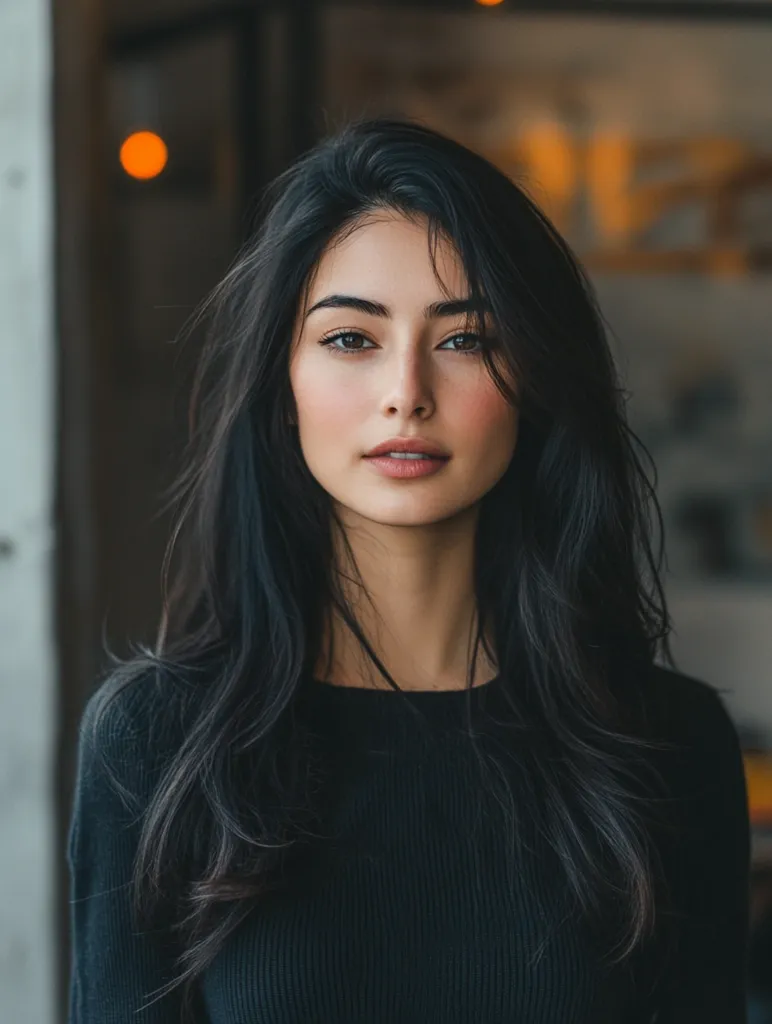 A young woman with long, dark hair and piercing brown eyes stares directly at the camera. Her skin is clear and smooth, and she is wearing a black sweater. The background is blurred, suggesting that she is indoors.  Her hair falls softly around her face, framing her features. She has a natural, understated beauty.