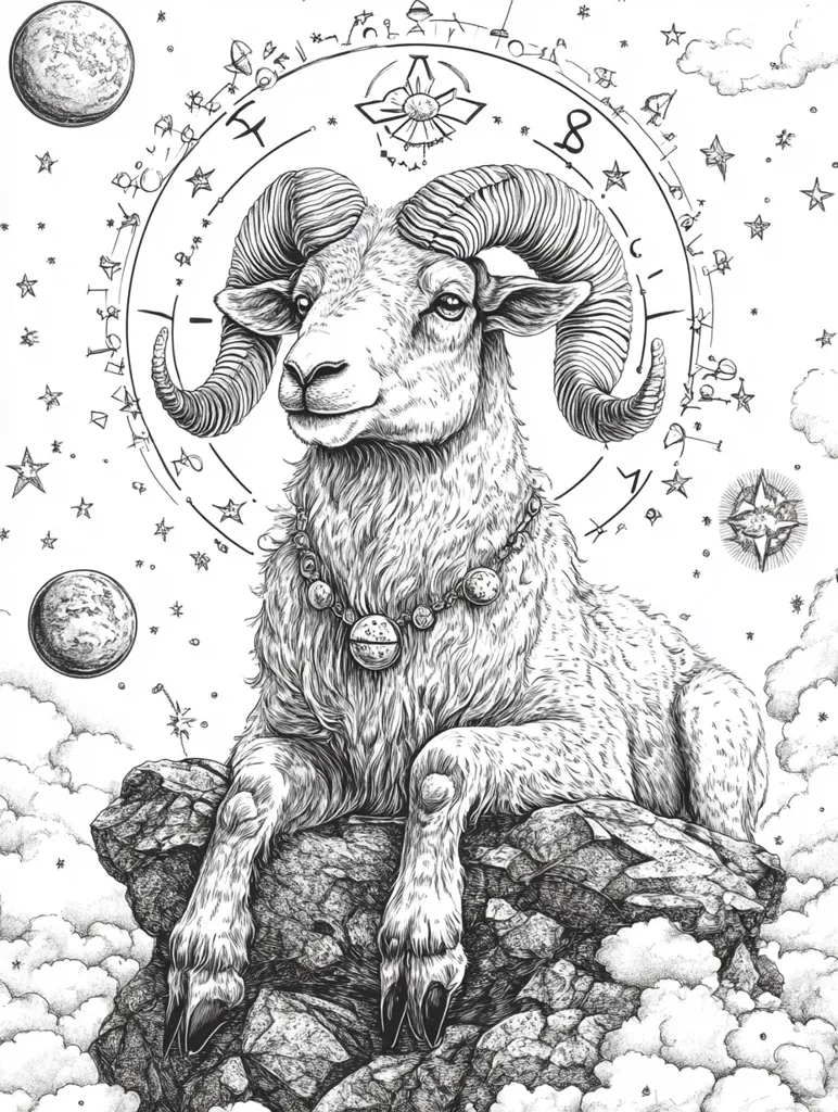 The image is a black and white illustration of a ram sitting on a rocky ledge with clouds and stars in the background. The ram has a large, detailed set of horns. It is wearing a chain necklace with a bell. The image is stylized with an ornate design of celestial symbols surrounding the ram.  The drawing has a mystical or symbolic feel.