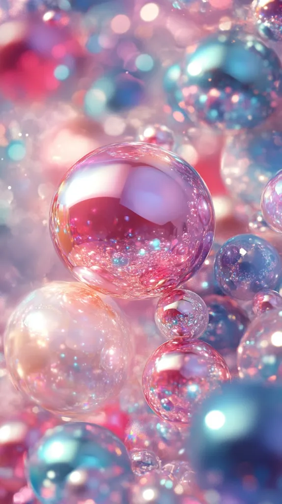 A collection of iridescent bubbles in shades of pink, blue, and purple are scattered across a sparkly pink background. The bubbles are mostly out of focus, creating a dreamy and ethereal effect. The image is full of soft, diffused light and a feeling of whimsy.