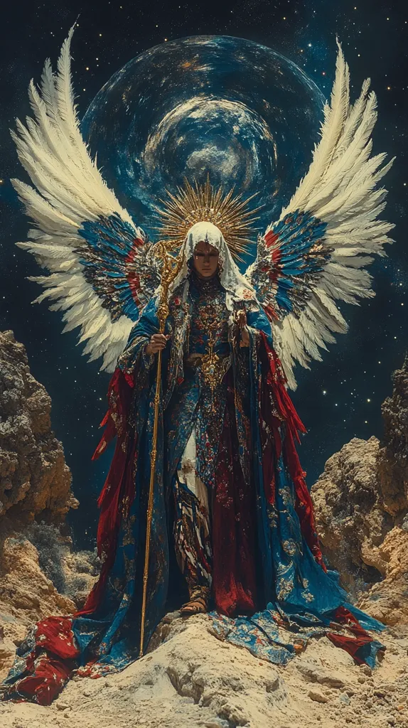 A celestial being, adorned in a majestic robe and a golden halo, stands with large white wings against a backdrop of stars and a distant planet. Their expression is serious, holding a staff in their right hand and a large cape billowing behind them. The scene has a mystical and ethereal quality, evoking a sense of power and grandeur.
