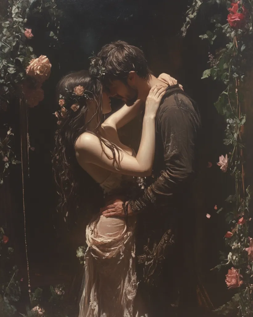 A man and a woman stand close, embracing in a dimly lit forest. The woman, in a flowing gown, has her arms around the man's neck, while he holds her waist.  The man's face is obscured by shadows. The background is filled with lush greenery and flowers, creating a romantic atmosphere. The image evokes feelings of intimacy and passion.
