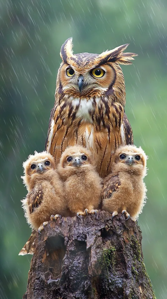 A mother owl sits on a tree stump in the rain, her two fluffy owlets nestled beside her.  The owlets have large, round eyes and are covered in soft, downy feathers. The mother owl watches over her young, her gaze intense. The background is a blurry green, suggesting a lush forest setting. The image conveys a sense of protectiveness and the bond between a parent and their offspring.