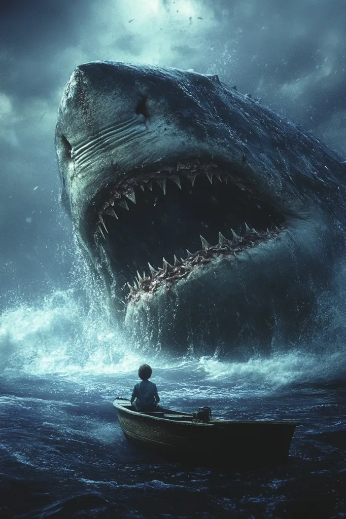 A colossal shark, with a gaping maw full of razor-sharp teeth, looms over a tiny boat. The ominous presence of the creature fills the turbulent sea, casting an unsettling shadow over the lone figure in the boat.  The scene evokes a sense of impending doom, highlighting the immense power and danger of the deep.