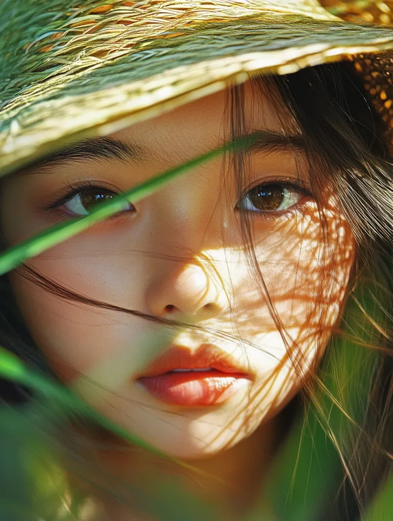 A young woman with long, dark hair wears a wide-brimmed straw hat. The hat casts a shadow over her face, highlighting her large eyes and full lips. The light shines through her hair and the foliage surrounding her, creating a soft, ethereal glow.  Her expression is serene and slightly mysterious.