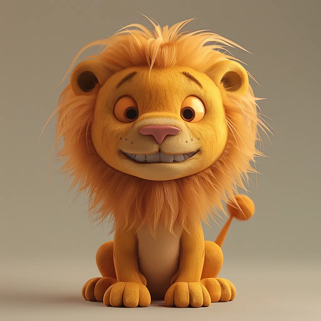 A cartoon lion with a fluffy mane sits with a wide, toothy grin. Its large, round eyes and pink nose add to its playful and friendly appearance. The lion is rendered in a 3D style, giving it a lifelike quality despite its cartoonish features. The background is a simple, neutral gray, highlighting the lion as the main subject.  The overall image is cheerful and whimsical, evoking a sense of innocence and fun.