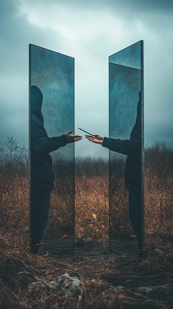 Two figures, reflected in tall, mirrored panels, stand facing each other in a field.  The figures are reaching out, their hands almost touching, with a thin stick between them.  The reflections are dark and shadowy, suggesting mystery and introspection. The overcast sky adds to the sense of moodiness.  The scene is both captivating and thought-provoking.