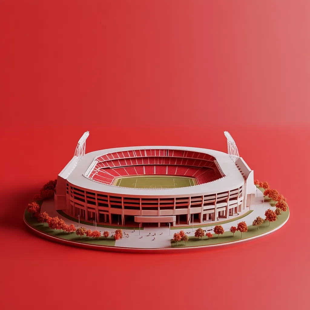 A miniature model of a football stadium sits on a red surface. The stadium has red seats and a green field. Small trees are planted around the stadium, and a few tiny figures are scattered in the area. The model is in a minimalist style, with clean lines and simple details.  The red background creates a stark contrast with the stadium.  The image evokes a sense of playful nostalgia.