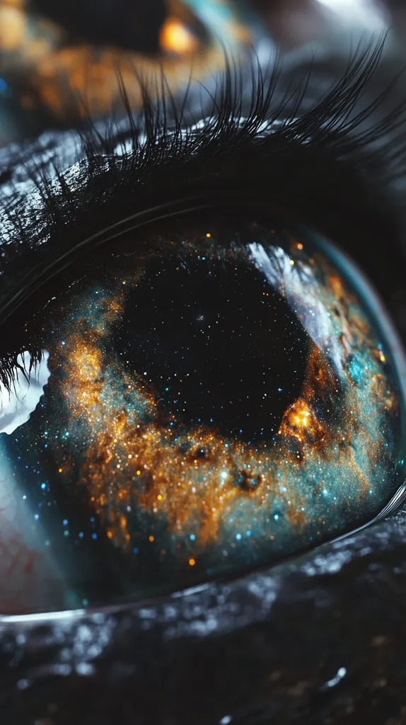 A close-up of an eye, the iris is filled with a swirling nebula, a vibrant mixture of gold, blue, and black.  Long, dark eyelashes frame the eye, adding to the surreal and cosmic feel of the image. The image is rendered with a digital art style, creating a dreamlike and otherworldly effect.