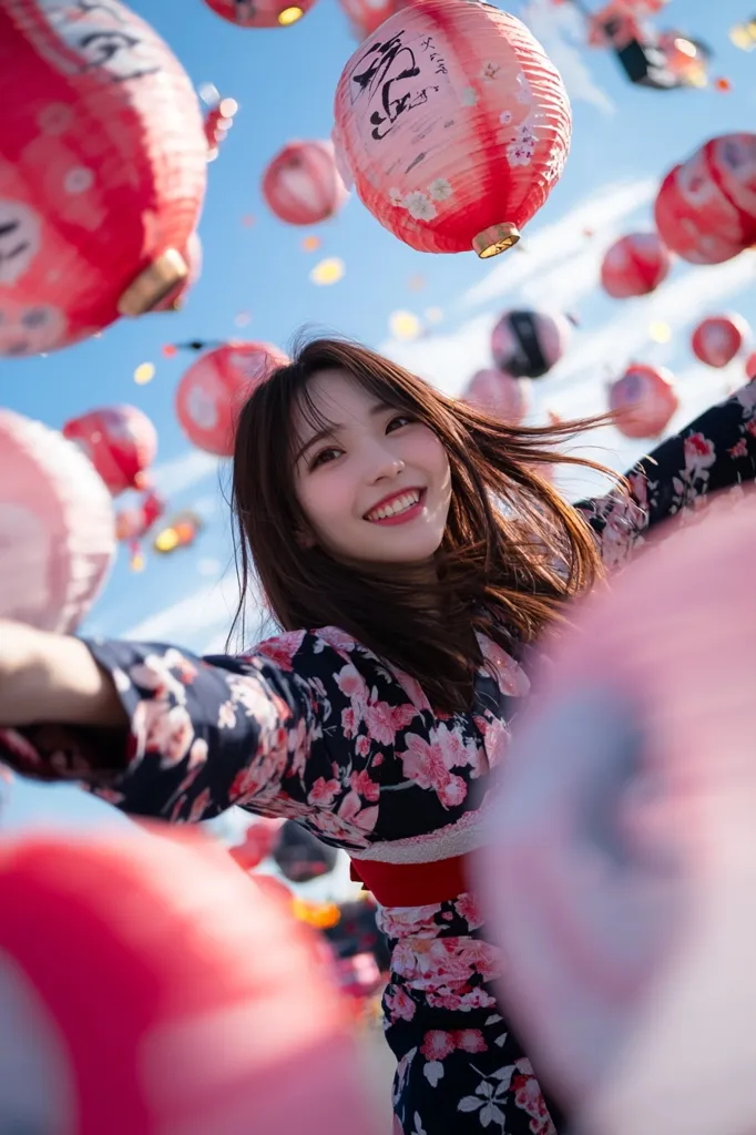 A young woman in a floral kimono smiles brightly as she reaches out towards the camera.  The background is filled with a multitude of red and white paper lanterns, creating a festive and joyous atmosphere.  The woman's cheerful expression and the vibrant lanterns suggest a celebration or festival.  The image captures a moment of happiness and lightheartedness amidst the festive surroundings.