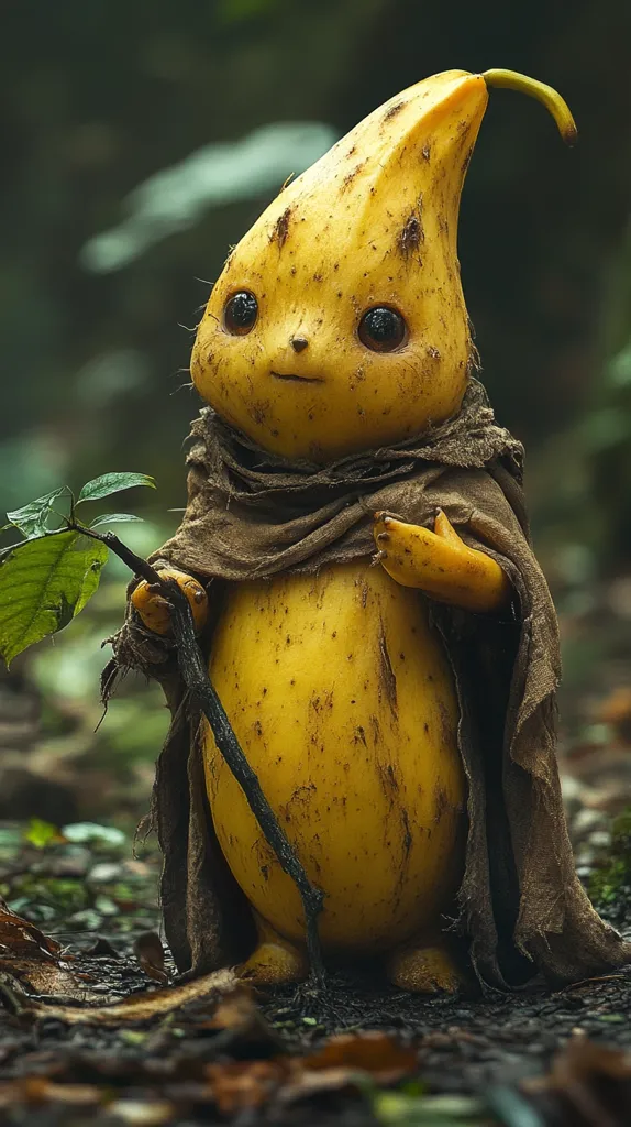 A small, yellow creature with a pear-shaped body and large eyes stands in a forest. It is wearing a brown, tattered cloak and holding a stick. The creature has a soft, rounded face and a gentle expression. The background is blurred, suggesting a depth of field. The creature's appearance suggests it is a whimsical, nature-loving being.