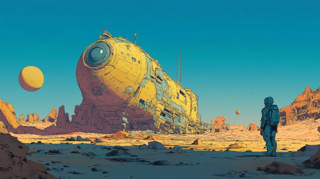 A lone astronaut stands in a desolate, rocky landscape, gazing towards a large, yellow spaceship that has crash-landed. The sky is a bright blue, with two small moons in the distance. The scene is both surreal and evocative, suggesting a sense of isolation and wonder. The astronaut's presence adds a sense of scale and human connection to the vastness of the alien world.