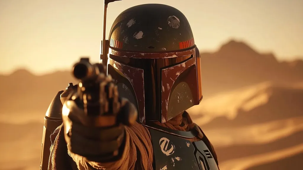 The image shows Boba Fett, a bounty hunter from the Star Wars universe, in his iconic Mandalorian armor. He is standing in a desert environment, with a weapon in his hand, his helmet facing forward. The setting sun casts an orange glow on the scene, creating a dramatic and mysterious atmosphere. Boba Fett's helmet is weathered and worn, reflecting his life as a bounty hunter.