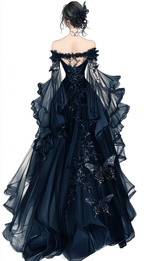 The image showcases a woman in a stunning, dark blue gown with a delicate lace design. Her hair is styled in a sleek updo, adorned with a butterfly accessory. The gown features intricate floral embellishments and delicate butterflies throughout, creating a romantic and ethereal aesthetic. The overall effect is one of elegance and sophistication.