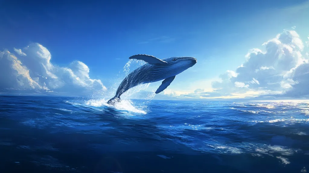 A large humpback whale leaps out of the ocean, its body arched and tail splashing the water. The whale is silhouetted against a bright blue sky dotted with fluffy white clouds. The sun shines brightly, illuminating the scene. The ocean is a deep blue, with gentle waves rippling across the surface.  The whale's powerful jump captures the vastness and beauty of the natural world.