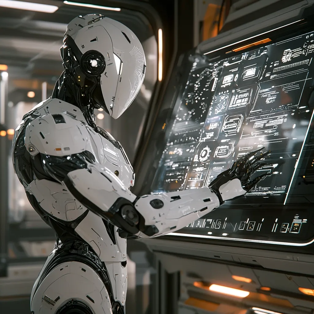 A humanoid robot, clad in sleek white and black armor, stands in a futuristic setting, interacting with a large, high-tech control panel. The panel displays complex digital information and interfaces. The robot's sleek, metallic design and the advanced technology surrounding it evoke a sense of high-tech innovation and exploration.  The robot's posture suggests focus and efficiency.