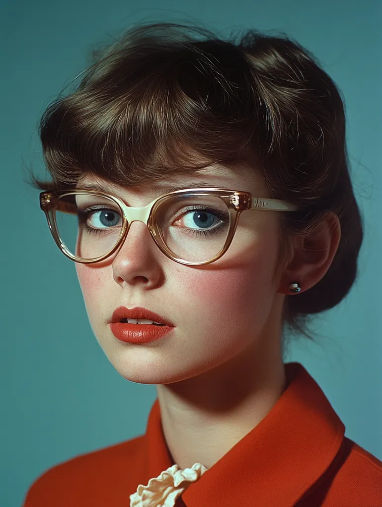 A young woman with short, brunette hair, wearing oversized, round, light-rimmed glasses and a red collared shirt, looks directly at the viewer with a soft expression. The background is a muted blue-green. Her lips are painted a bright red. The focus is on her face and glasses, with the rest of her body fading into the background.