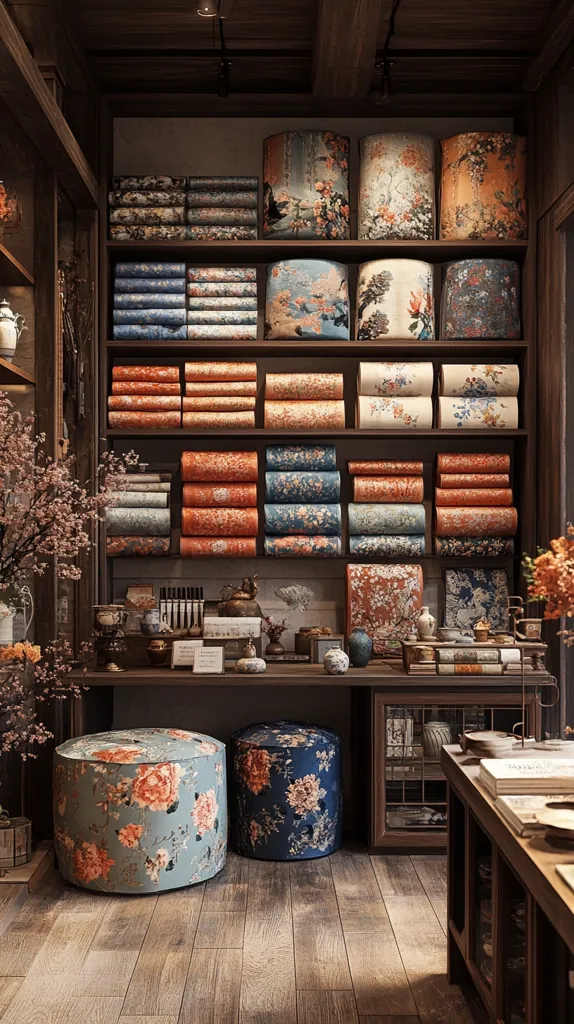 A cozy shop interior features wooden shelves stacked with colorful fabric rolls and decorative pillows.  The shelves are filled with various patterns and textures, showcasing a vibrant and eclectic aesthetic.  Two floral patterned ottomans sit on the wooden floor, adding a touch of comfort and style.  Sunlight streams through a window, illuminating the space.