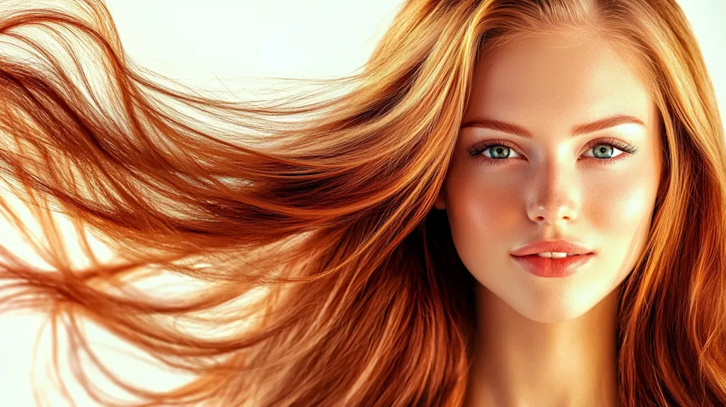 The image shows a young woman with long, flowing red hair that is blowing in the wind. She has a soft, natural look with minimal makeup and her green eyes are looking directly at the camera. The background is a soft, white blur. The image is likely a portrait of a model for a hair or beauty product.