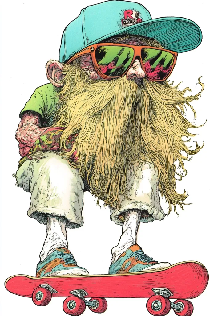 The image is of a cartoon man with a long blonde beard and a blue baseball cap. He is wearing sunglasses and a green and white shirt. He is standing on a red skateboard with black wheels. The man is drawn in a comic book style with exaggerated features. The image is vibrant and humorous, with a whimsical feel.