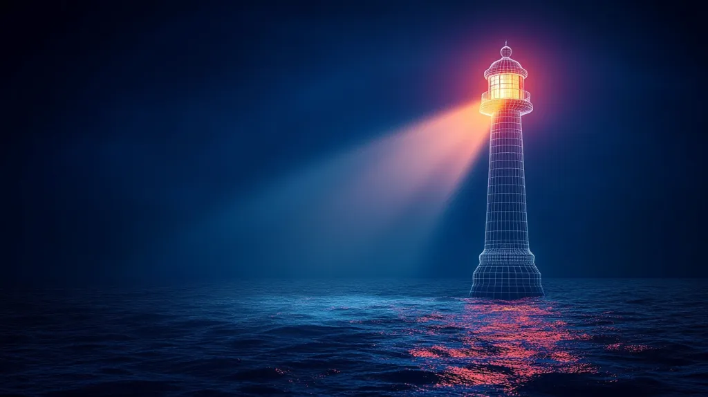A lone lighthouse stands tall amidst a dark and stormy sea. The lighthouse's beam shines brightly, cutting through the darkness and offering hope to those who may be lost at sea. The water is rough and choppy, reflecting the light from the lighthouse in a dazzling display of colors. The image is a powerful symbol of guidance, hope, and resilience.