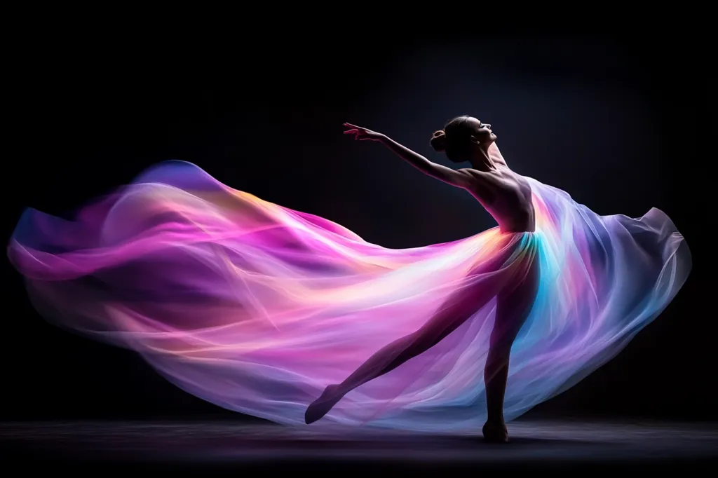 A ballerina in a flowing, iridescent gown, with a vibrant mix of pink, purple, and blue hues, dances gracefully against a dark background. The gown's ethereal movement creates a dynamic and captivating image.  Her pose highlights her elegant form and the sheer beauty of her performance. The lighting accentuates the colors of the fabric, making it seem almost otherworldly.