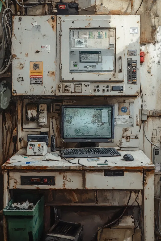A vintage-looking computer workstation with a large, beige monitor and a keyboard.  The computer is situated on a worn, white desk with a drawer beneath it.  The desk is situated in front of a large, industrial-looking beige control panel with a large window with various screens displaying data.  A green trash can sits under the desk.  The image has a faded, worn look to it.