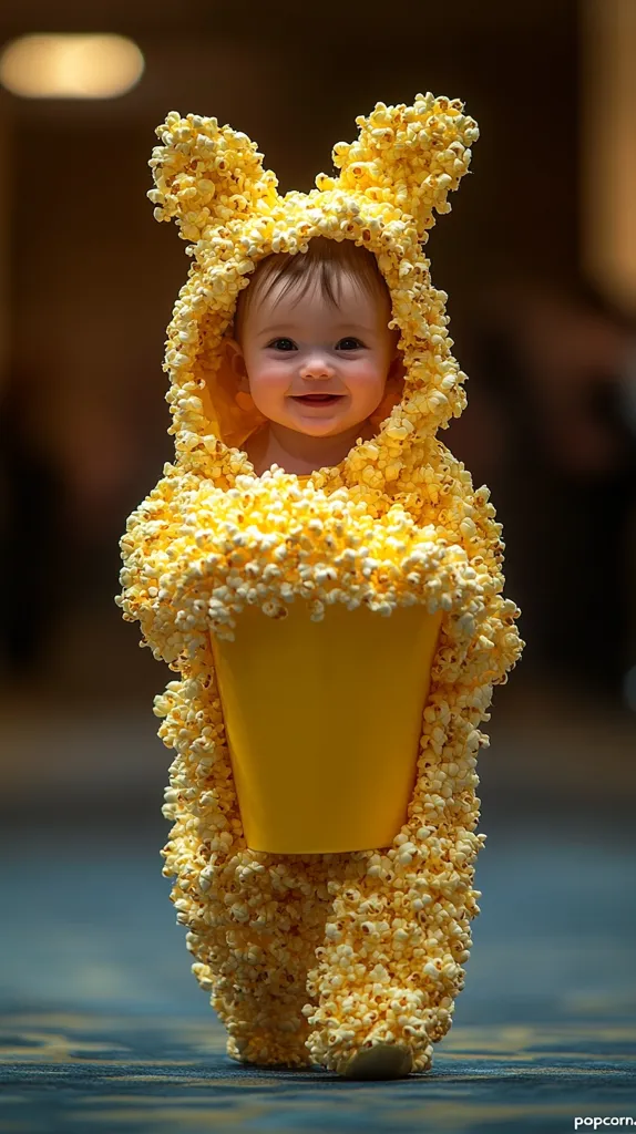 A young child is dressed in a costume made entirely of popcorn. The costume is shaped like a bucket, with the child's head poking out from the top. The child is smiling and appears to be enjoying the costume. The image is taken from a slightly low angle, giving the viewer a good view of the child's face. The costume is very detailed and realistic, and the child's expression is bright and cheerful.  The image is playful and fun, suggesting a lighthearted event.