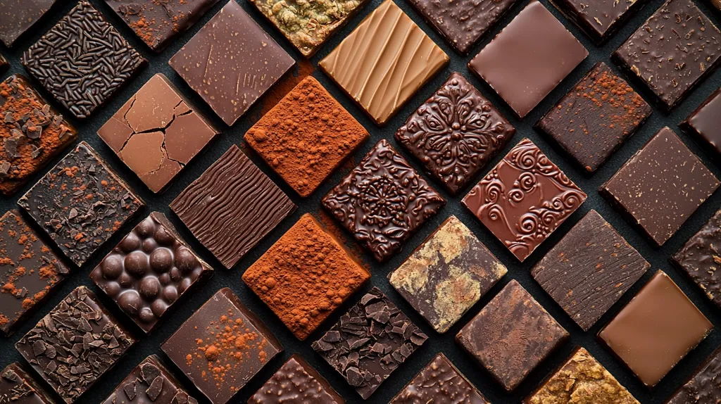 An assortment of dark and milk chocolate squares arranged in a diamond pattern on a dark background. Each square has a different texture and design, including sprinkles, swirls, and smooth surfaces. The chocolates are arranged in a visually appealing way, showcasing the variety of textures and flavors.