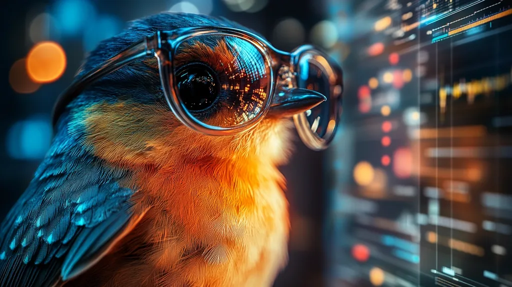A small bird with blue and orange feathers is wearing oversized, reflective glasses. The bird’s eye is visible through the glasses, reflecting a blurred background of colorful lights. The bird is facing a blurred background of digital code. The image is likely a representation of technology and the integration of nature with technology.