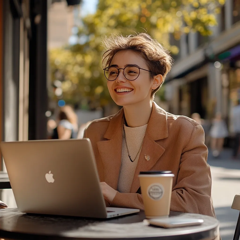 A young woman with short brown hair and round glasses smiles brightly as she sits at an outdoor table with a laptop and a cup of coffee. She is dressed in a tan blazer over a white sweater and is looking off to the side, seemingly enjoying the moment. The warm lighting and soft focus background add to the relaxed and comfortable ambiance.