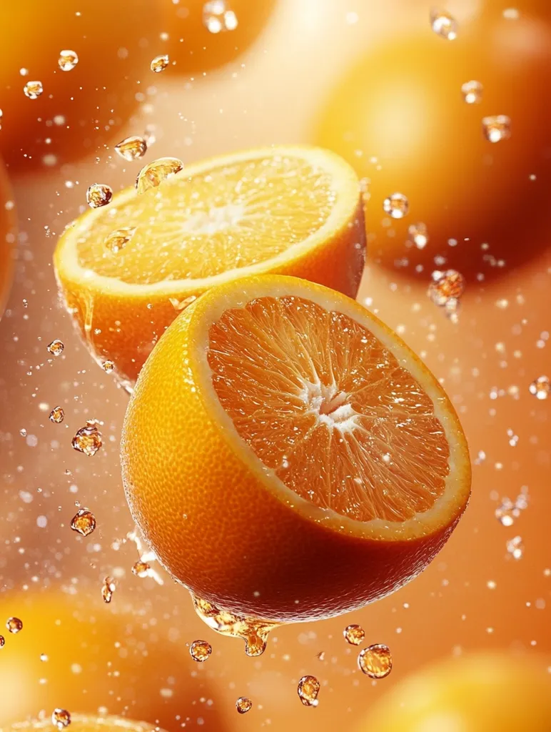 Two juicy orange halves are suspended in mid-air, with water droplets cascading around them. The oranges are illuminated by a warm, golden light, creating a vibrant and refreshing image. The background is a blur of orange hues, further emphasizing the focus on the citrus fruits. The image evokes a sense of summery sweetness and vitality.