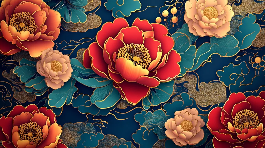 The image showcases a vibrant floral pattern against a deep blue background.  Intricate, layered peonies in shades of red and pink, adorned with gold outlines, are scattered across the canvas. The background features swirling, stylized clouds with golden detailing, adding a touch of opulence and depth to the composition.  The artwork evokes a sense of traditional Chinese aesthetics and craftsmanship.
