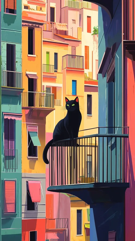 A black cat sits on a balcony overlooking a colorful street scene. The buildings are brightly painted in shades of yellow, pink, and blue. The cat's green eyes stand out against the vibrant background. The scene evokes a sense of playful whimsy and a touch of mystery.  The cat's relaxed posture and the bright colors suggest a cheerful atmosphere.