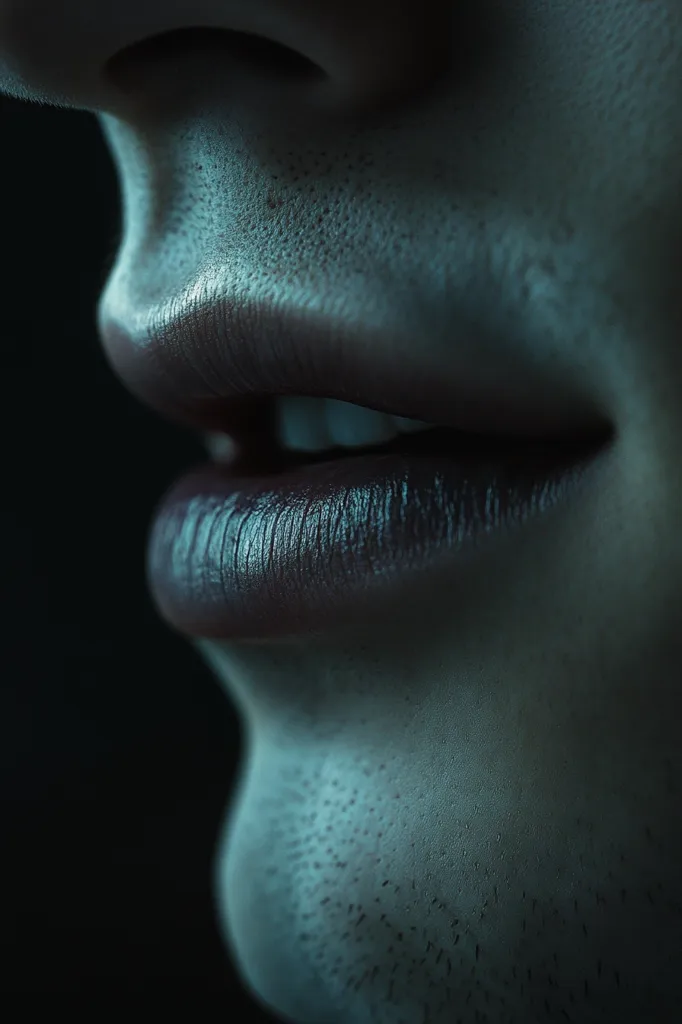 A close-up of a person's lower face, with their mouth slightly open, revealing teeth and a hint of tongue. The lips are full and appear to be wearing dark lipstick. The skin is smooth and subtly textured, suggesting a close-up shot. The lighting creates a dramatic, almost ethereal quality.  The image focuses on the sensuality of the mouth, highlighting its shape and texture.