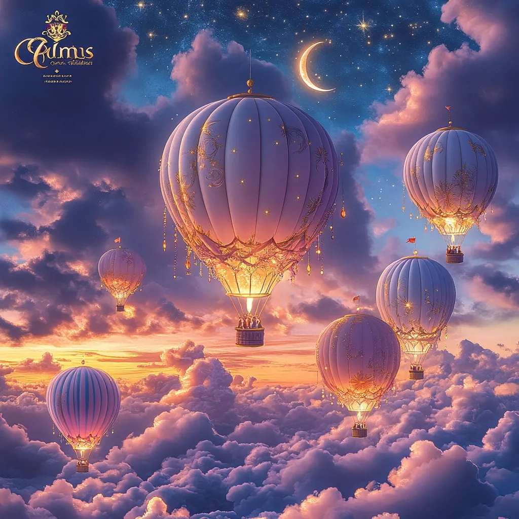The image depicts a whimsical scene with several hot air balloons floating above a sea of clouds, with a crescent moon and stars in the night sky. The balloons are adorned with ornate designs and glowing lights, creating a magical and surreal atmosphere. The clouds are a mixture of cottony white and soft pink, suggesting a dreamy and peaceful setting.  The overall impression is one of tranquility and wonder.