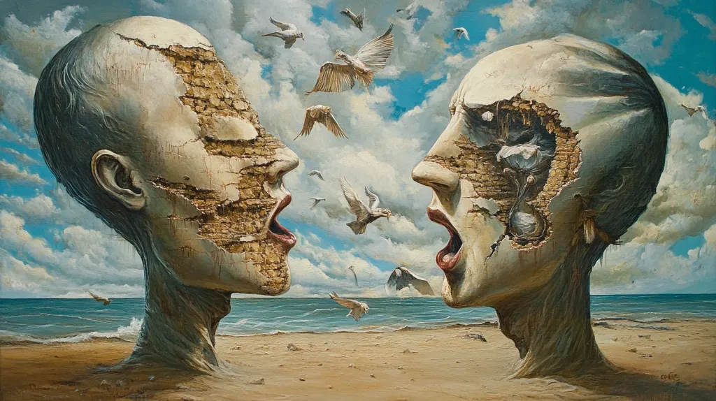Two giant, crumbling heads face each other on a sandy beach with a blue ocean behind them. The heads are cracked and broken, revealing the inner workings of their brains. Birds fly overhead in a cloudy sky. The image has a surreal and dreamlike quality, suggesting a connection between the two heads and the birds.  The image is a powerful commentary on human relationships, communication, and the fragility of the human condition.