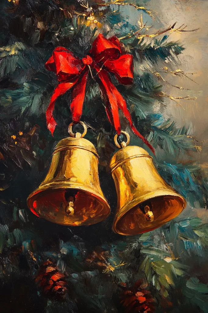 A painting of two large gold bells hanging from a pine branch with a large red bow. The bells are shiny and the background is a blurry green and brown. The painting is done in a loose, impressionistic style.