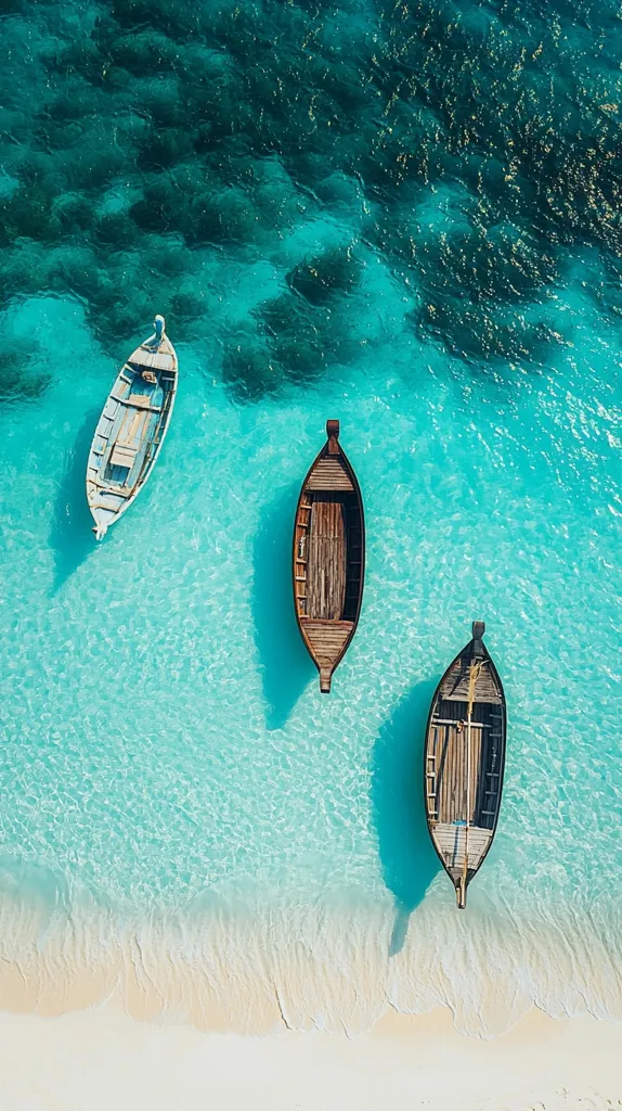 An aerial view of three boats anchored in crystal clear turquoise water. The water is so clear that the sand beneath is visible. The boats are in a line and are all facing the same direction. The water is a perfect shade of turquoise and the sand is white. The image is serene and peaceful.