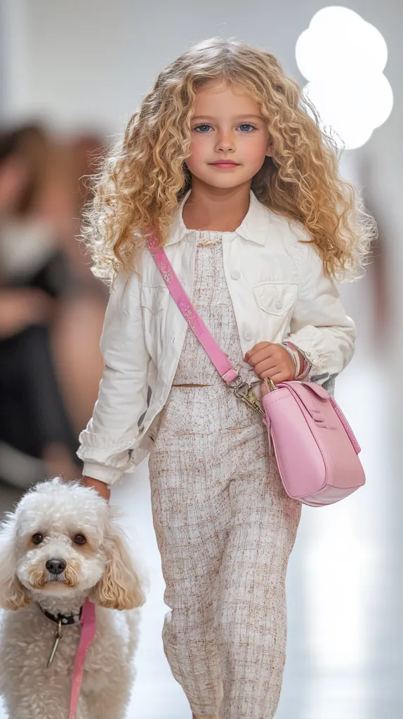 A young girl with long, curly blonde hair walks down a runway wearing a white denim jacket, a patterned dress, and a light pink purse. She has a small, white poodle on a pink leash by her side. The girl is smiling slightly, and the poodle is looking directly at the camera. The background is blurred, showing a crowd of people.