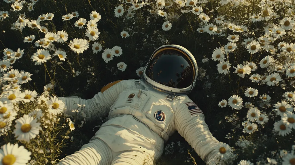 An astronaut in a white spacesuit lays in a field of white daisies. The astronaut's helmet reflects the surrounding field and the sky. The scene is peaceful and serene, with the astronaut seeming to be taking a break from their travels.  The daisies are in full bloom, creating a beautiful contrast against the white of the suit. The image is both whimsical and thought-provoking, making one wonder about the astronaut's journey and destination.
