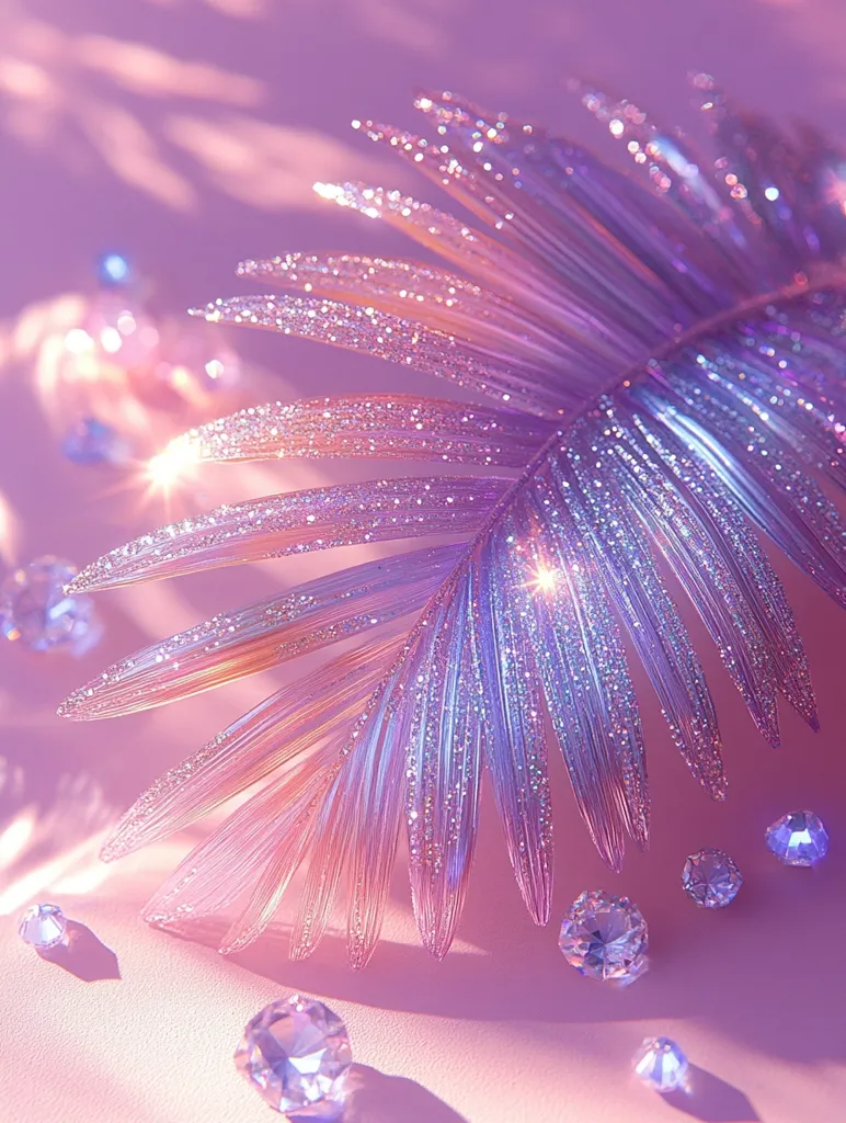 A close-up shot of a single palm leaf with iridescent glitter covering it. The leaf is laying on a pink background, surrounded by sparkling gems and catching the light. The image is soft and dreamy, with a gentle light effect.