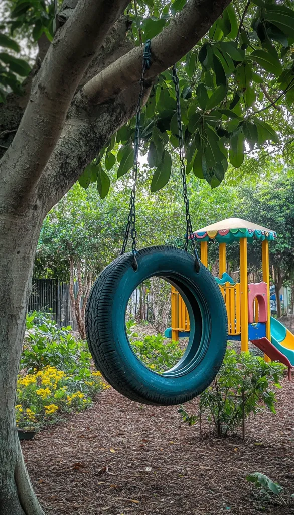 A blue tire swing hangs from a large tree branch, its chains swaying gently in the breeze. The tire is suspended over a colorful playground structure, featuring a yellow roof and a slide. Green foliage surrounds the scene, creating a lush backdrop for the playful setting. The ground is covered in a layer of wood chips.