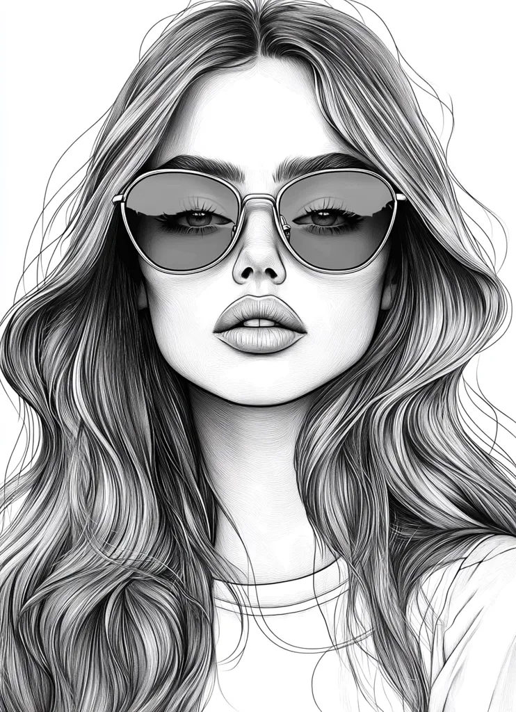 The image depicts a black and white drawing of a woman with long, flowing hair. She is wearing sunglasses and has a serious expression on her face. The detail of the drawing is very intricate, with the artist capturing the texture of the hair and the lines of the face with great precision. The image is likely to evoke a sense of mystery and sophistication.