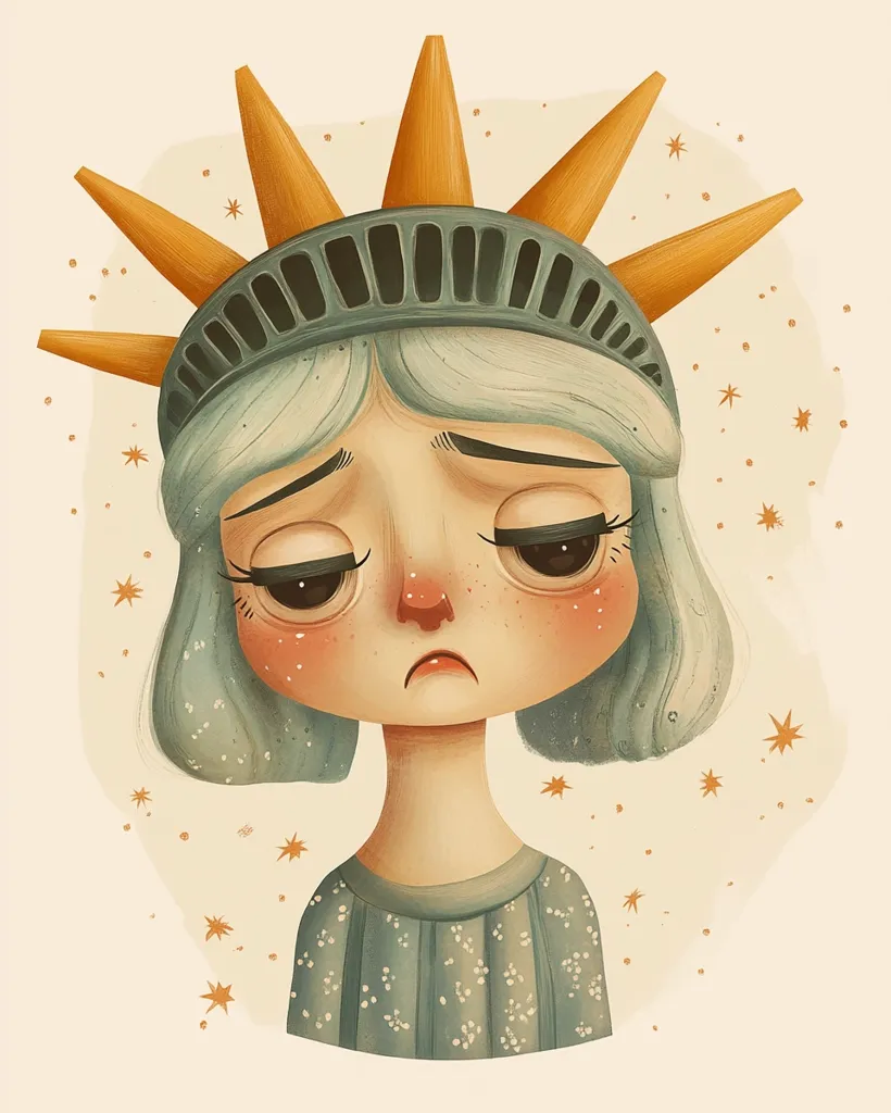 The illustration depicts a cartoon girl with a sad expression. She wears a blue dress and a crown resembling the Statue of Liberty, with golden rays emanating from it. The background is a pale yellow with scattered stars. The overall mood is melancholic.