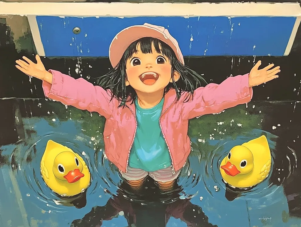 A young girl with a pink jacket and cap is playing in a puddle. She is smiling and has her arms outstretched. Two yellow rubber ducks float in the puddle, one on either side of her. The girl appears to be enjoying the rain. The scene is painted in a vibrant, cartoon-like style.