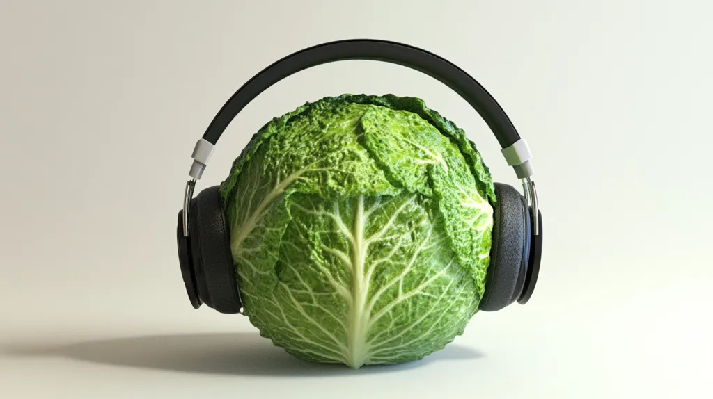 A fresh, green cabbage is wearing a pair of black headphones, creating a humorous and unexpected image. The cabbage's leafy texture and vibrant green color contrast with the sleek black headphones, suggesting a playful juxtaposition of nature and technology. The image is set against a simple white background, highlighting the subject and creating a sense of whimsy.