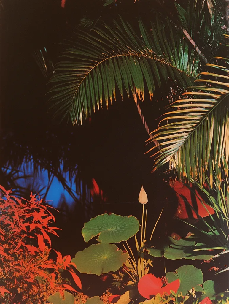 A close-up image of lush tropical foliage, dominated by large, vibrant green palm leaves. The leaves are backlit, casting shadows and creating a sense of depth. In the foreground, there are a few red flowers and a single, white bud. The background is dark and blurred, suggesting a dense rainforest.  The image has a moody, atmospheric feel.