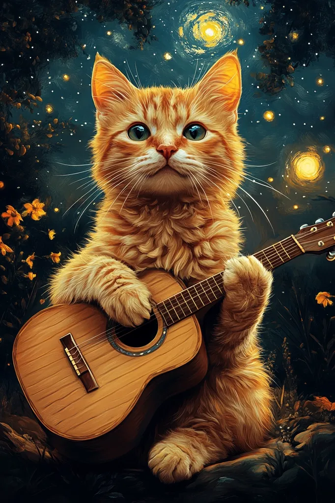 A ginger cat sits in a field with a starry night sky behind them.  They are playing a wooden acoustic guitar and looking off to the side, with a sweet expression on their face. The scene is whimsical and cute, suggesting the cat is lost in thought and creating music for the night.