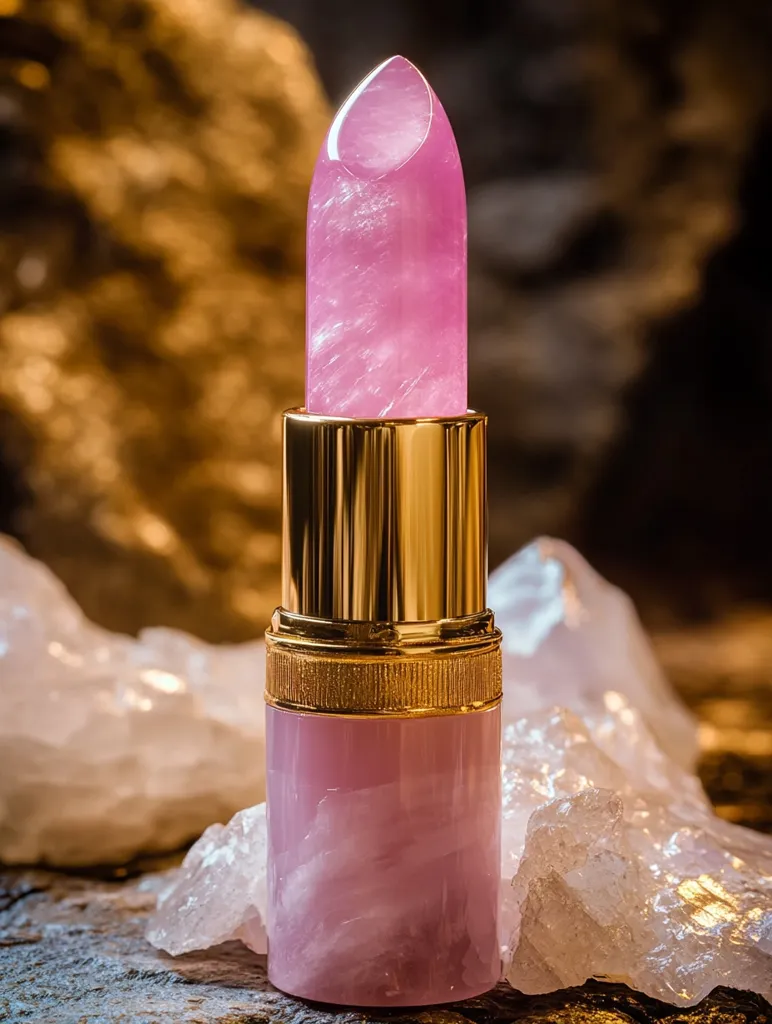 A pink crystal lipstick tube sits on a wooden surface surrounded by white quartz crystals. The lipstick is encased in gold, with a pink crystal cap. The overall image is elegant and luxurious, highlighting the beauty of natural crystals and the artistry of the lipstick design.